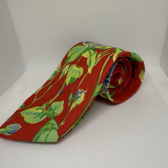 Polo Ralph Lauren Tie 100% Linen Red & Yellow Tropical Roses Hand Made In Italy - Picture 2 of 5